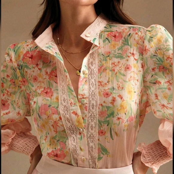 Vacation Style Lace Splice Print Women Blouse - Picture 2 of 4